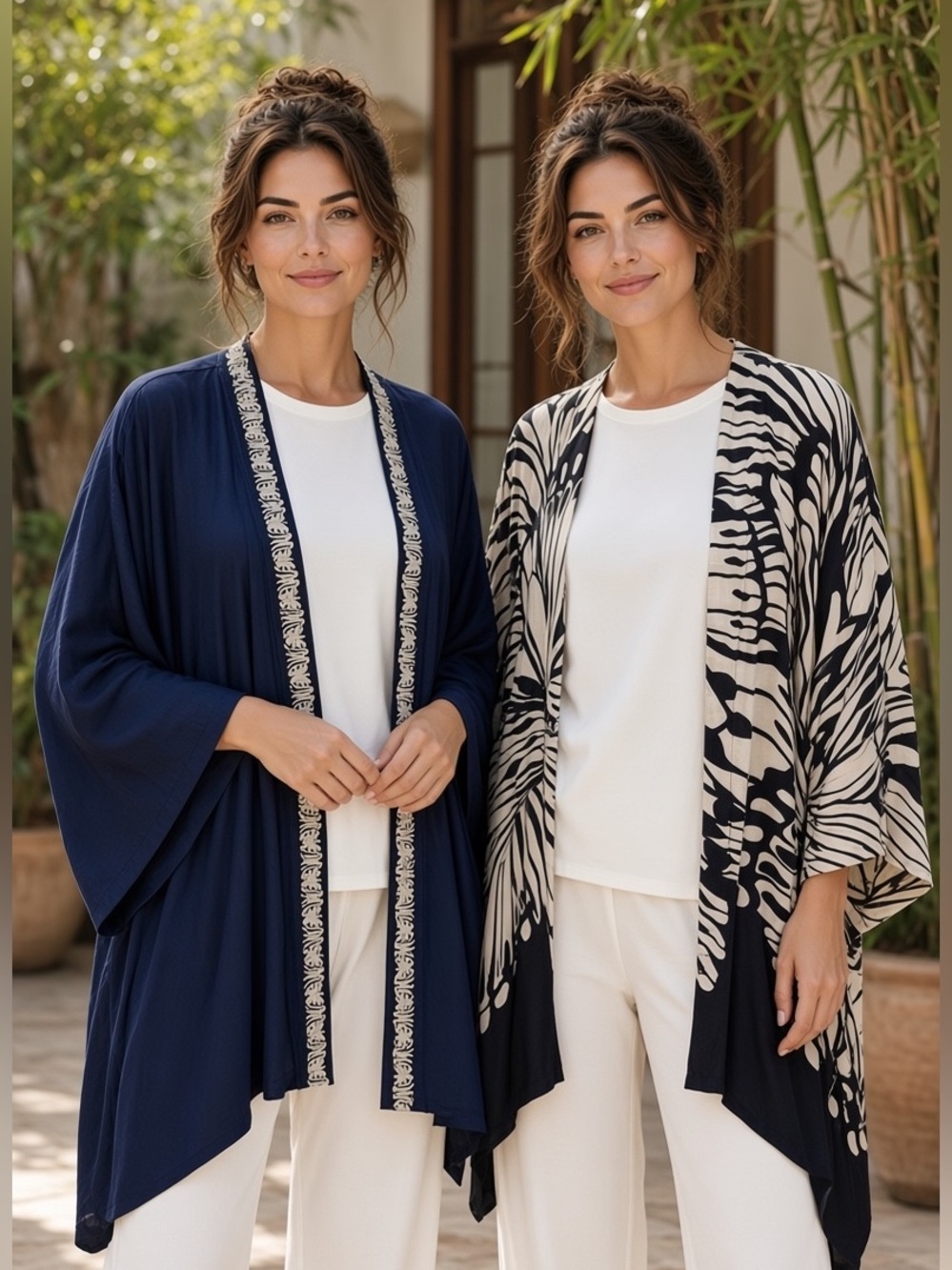 CHICOS ASIAN INSPIRED NAVY & WHITE REVERSIBLE KIMONO LACE TRIM & BUTTERFLY SZ OS